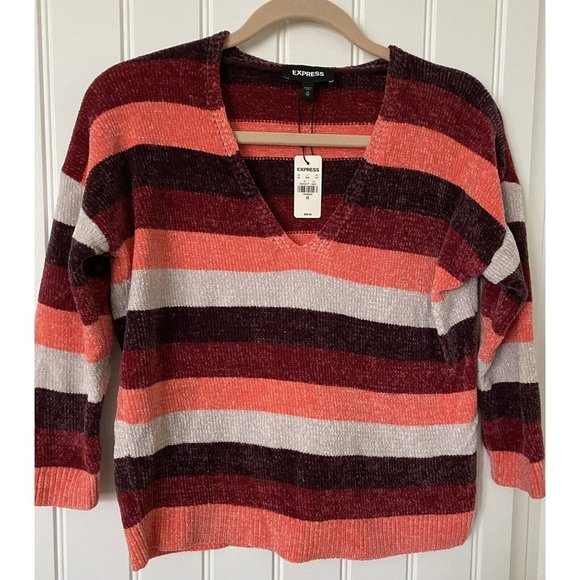 Express XS Chenille Velvet Stripe Sweater Pink White NEW w TAGS - Picture 1 of 3